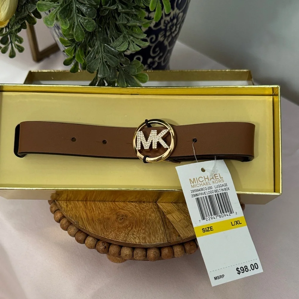 Michael Kors Brown Leather Belt with Gold MK Logo NIB